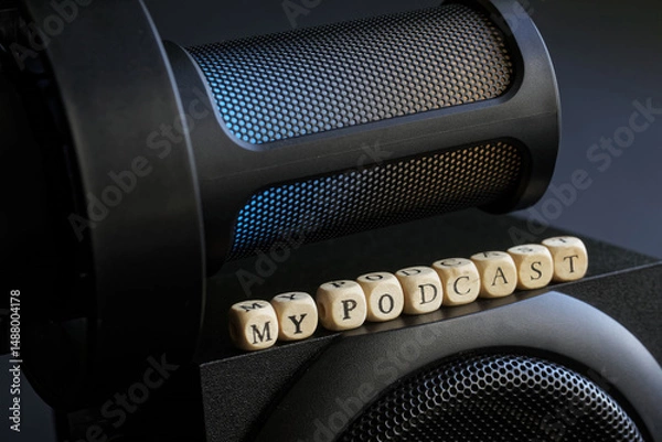Fototapeta Close-up of an LED-lit microphone grille resting on a speaker cabinet with wooden blocks spelling my podcast, ideal for podcast branding and cover art. Photo