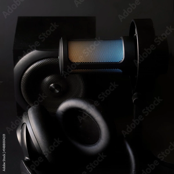 Fototapeta Close-up of a modern LED-lit microphone and headphones on a dark background, perfect for podcasting and live broadcasting materials. Photo, selective focus