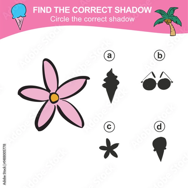 Fototapeta Find the correct shadow. Match the image with the shadow. Worksheet for kid. Educational printable worksheet. Simple gaming level for preschool kids. 