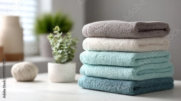 Fototapeta Stacked bath towels on white table indoors Neutral composition with realistic texture and space for text