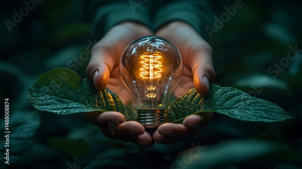 Fototapeta Hands holding glowing lightbulb with plant leaves in dark forest