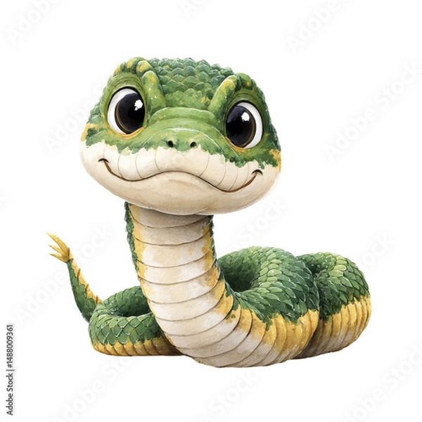Fototapeta Watercolor Cute cartoon snake character, green scales with a friendly smile, suitable for children's books or playful designs. Isolated on white background or PNG
