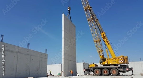 Obraz Construction Site: Crane Lifting Precast Concrete Wall Panels
