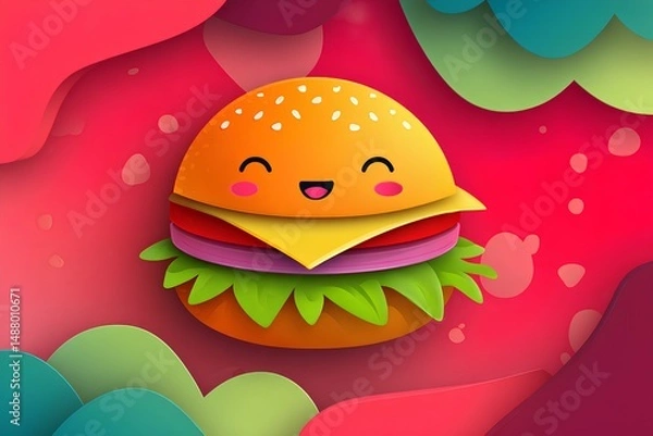 Fototapeta Cute cartoon hamburger illustration with smiling face, vibrant colors, and playful design, surrounded by colorful abstract shapes, perfect for food-related projects and children's content