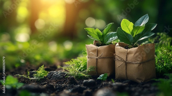 Fototapeta Seedlings in paper bags on forest floor in sunlight