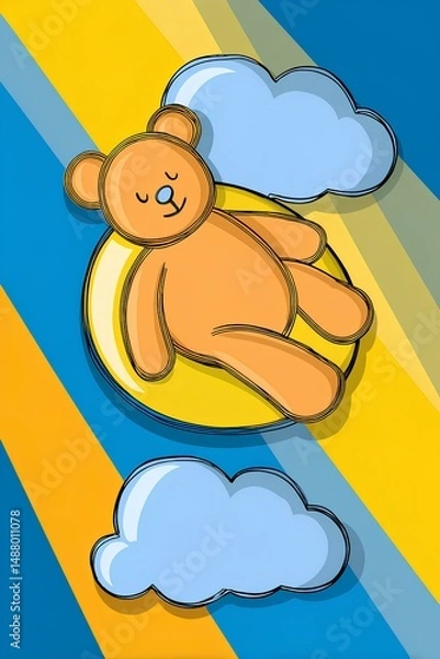 Fototapeta Cute cartoon teddy bear resting on a yellow moon surrounded by fluffy clouds against a vibrant blue and yellow striped background, evoking a whimsical dreamlike atmosphere