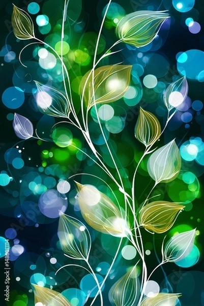 Fototapeta Abstract illustration featuring delicate leaves intertwined with vibrant bokeh lights in shades of green and blue, creating a visually captivating and serene atmosphere for design projects