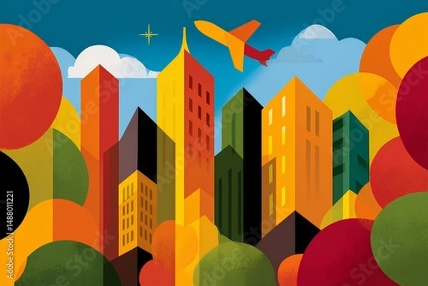Fototapeta Colorful cityscape illustration featuring tall buildings in vibrant hues, surrounded by abstract trees and a bright blue sky with a flying airplane, representing urban life and travel
