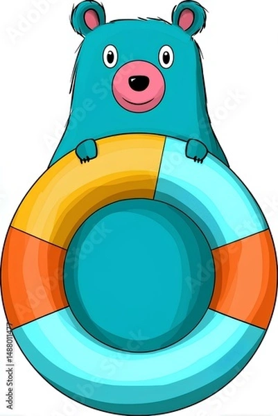 Fototapeta Cute cartoon bear character with a colorful inflatable pool ring, smiling joyfully, perfect for summer-themed designs and children's illustrations, evoking fun and playfulness