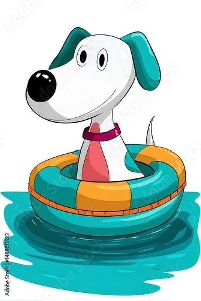 Fototapeta Cartoon dog character wearing a pink collar, floating in a colorful inflatable ring, enjoying a sunny day in a vibrant blue water scene, showcasing playful summer fun