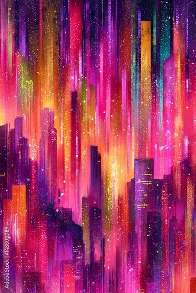Fototapeta Vibrant abstract illustration featuring colorful vertical lines and shapes, creating a dynamic cityscape effect, evoking a sense of energy and movement