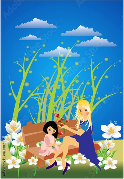 Fototapeta composition with mom and daughter sitting on bench