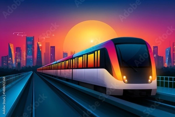 Fototapeta Purple-illuminated city scene with a modern train symbolizing progress and innovation in urban transit.