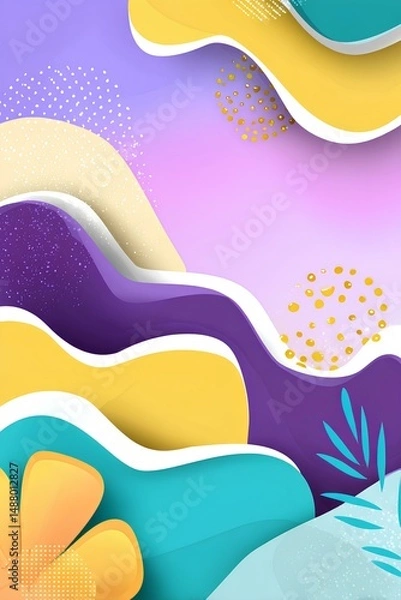 Fototapeta Fluid waves in bold purple meet sunny yellow and cool blue, enlivened by scattered concentric circles.