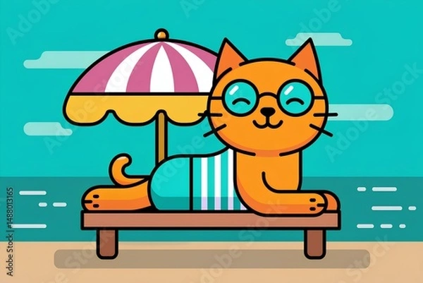 Fototapeta Cartoon cat wearing glasses lounging on a beach chair under a colorful umbrella, enjoying a sunny day by the ocean, embodying relaxation and summer vibes