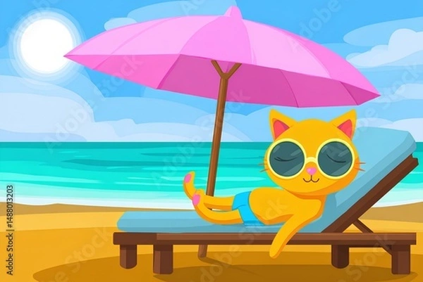 Fototapeta Fun and quirky cartoon orange cat lounging at the seaside in glasses, shaded by a colorful umbrella on a perfect beach day.