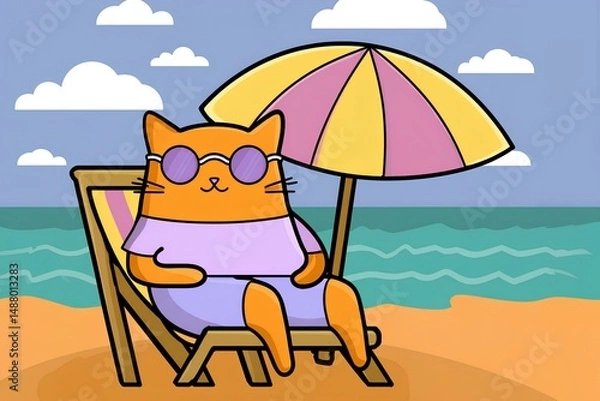 Fototapeta Cute cartoon illustration of a relaxed orange cat wearing glasses, lounging on a beach chair under a colorful umbrella, enjoying a sunny day by the ocean with vibrant waves.