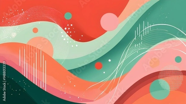 Fototapeta Eye-catching illustration with liquid curves of coral-mint-green accented by bubbly ring textures.