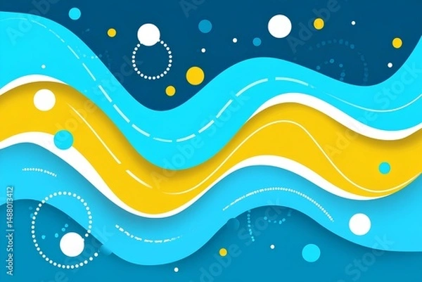 Fototapeta Textured waves form a dance of blue yellow, while circular motifs add depth and motion.