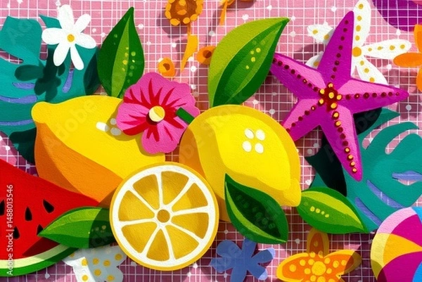 Fototapeta Colorful flat illustration featuring vibrant lemons, tropical flowers, and starfish arranged on a pink grid background, creating a lively summer-themed composition
