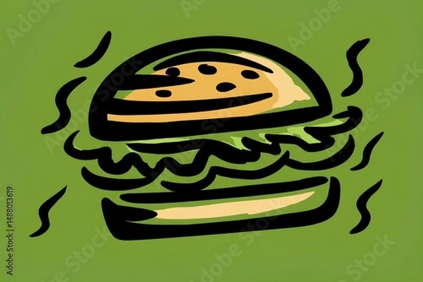 Fototapeta Pop-inspired burger illustration with crisp details and fun energy, standing out on a solid olive green background.