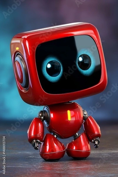 Fototapeta Dynamic red robot with sparkling expressive eyes framed by a blue backdrop.