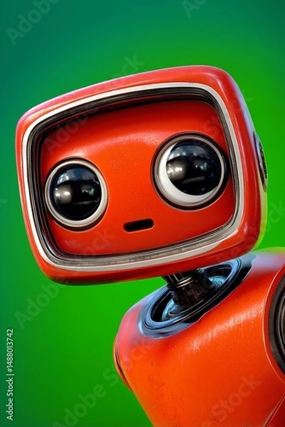 Fototapeta Cute red robot with curious eyes standing proudly against green background.
