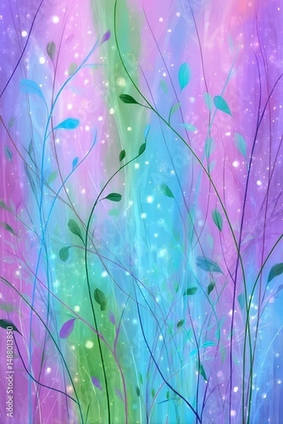 Fototapeta Vibrant abstract illustration featuring delicate green leaves against a colorful gradient background of purple, blue, and green hues, creating a dreamy and enchanting atmosphere