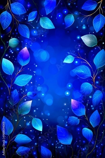 Fototapeta Vibrant blue background with colorful leaves and glowing elements, creating a serene and enchanting atmosphere, ideal for nature-themed designs and artistic projects