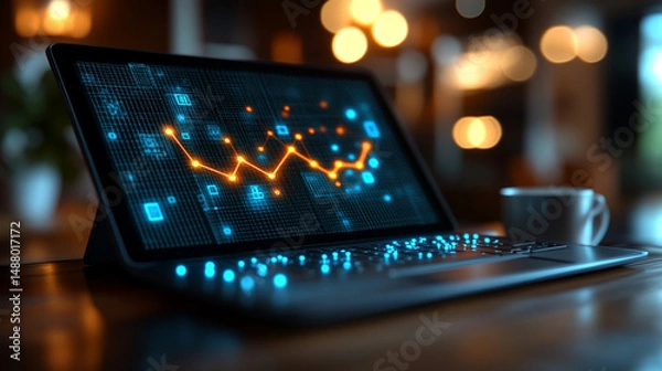 Fototapeta Laptop displaying declining graph in dimly lit office at night