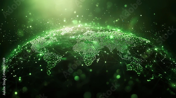 Fototapeta Digital representation of green globe showcasing interconnected networks and data points, symbolizing global connectivity and technology