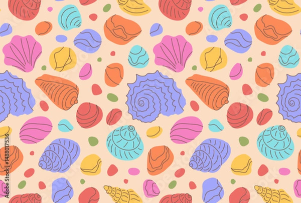 Fototapeta Summer seamless background with shells and pebbles. Bright rattern with cute doodles. Design for packaging, textile, advertising, printing. 