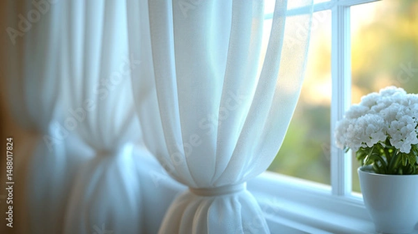Fototapeta Sheer curtains by sunny window with flowers, peaceful home