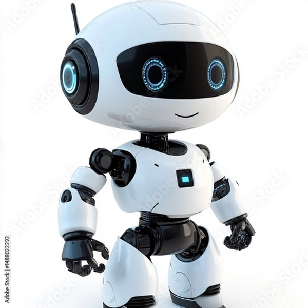 Fototapeta Cute Friendly Robot Character Digital Illustration Design 3d ai blue icon white black model smart   