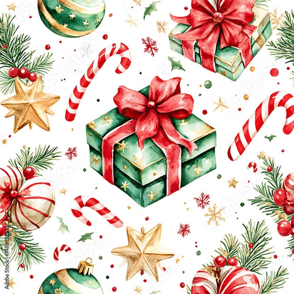 Obraz Festive holiday pattern shows watercolor gift boxes, golden stars, candy canes, and pine branches on white