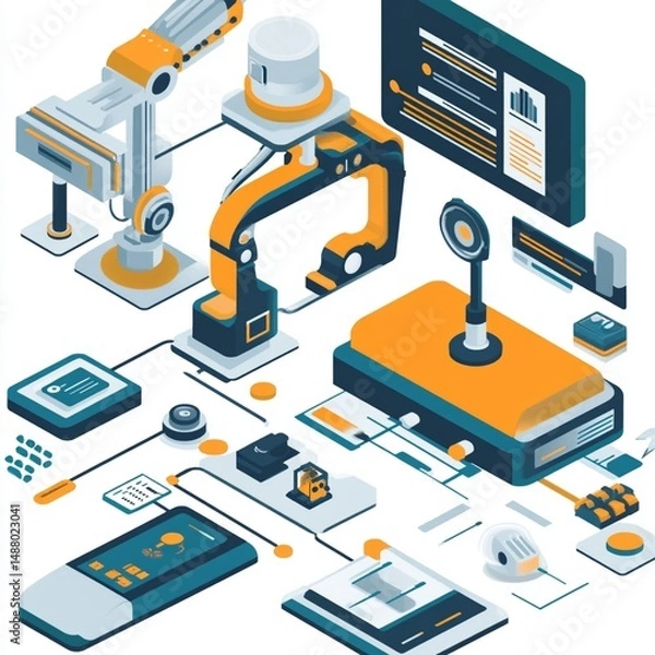 Fototapeta Isometric Robotic Automation System Digital Illustration Modern Technology art teal blue smart lines