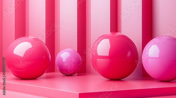 Fototapeta Pink spheres on stage with striped backdrop, product display