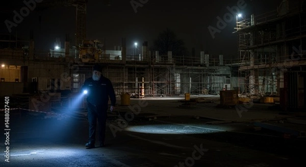 Obraz Night Construction Site Security Guard with Flashlight