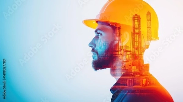 Fototapeta Construction Worker in Hard Hat Observing Active Building Site with Heavy Machinery and Materials Highlighting Urban Development and Progress