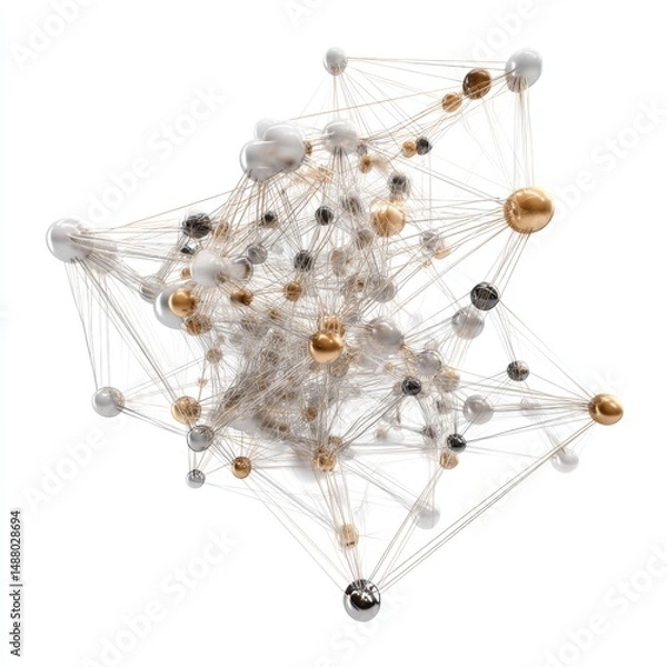 Obraz Abstract 3D rendering of interconnected spheres with varying colors and textures representing network and communication