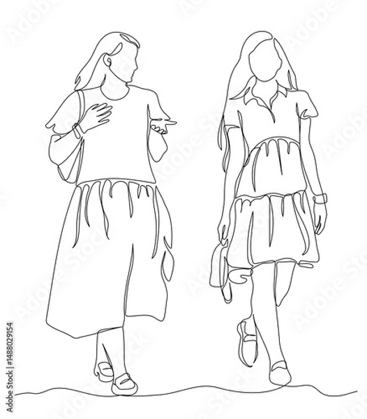 Fototapeta 2 women talking and walking. Wear dress with ruffles. Front view. Single black line drawing isolated on white. Vector in line art style.