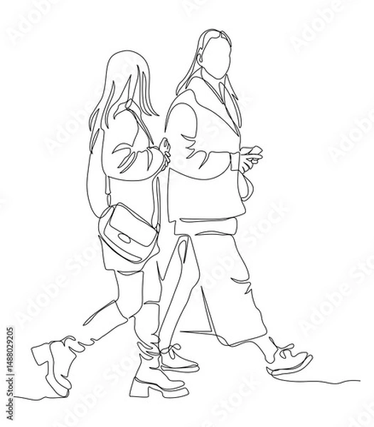 Fototapeta 2 women talking and walking. Side view. Continuous line drawing. Black and white vector illustration in line art style.