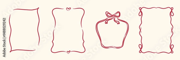 Fototapeta Doodle hand drawn frames with hearts set, wavy lines, bows and ribbons. Coquette retro. Trendy vintage whimsical borders for wedding invitations, birthday card, and prints. Vector modern illustration.
