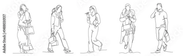 Fototapeta Men and women talking on phone. People walking set. Continuous line drawing elements. Black and white vector illustration in line art style.