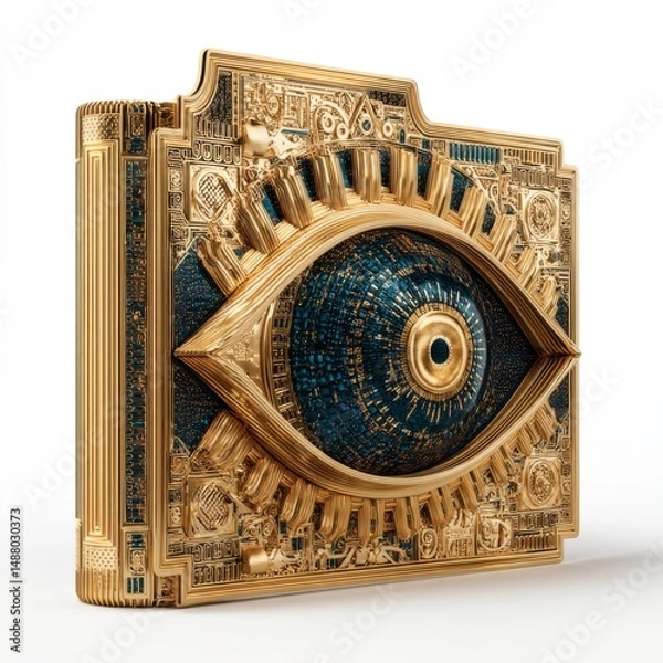 Fototapeta Intricate Gold Book with Eye Motif Featuring Geometric Design and Detailed Craftsmanship on a White Background