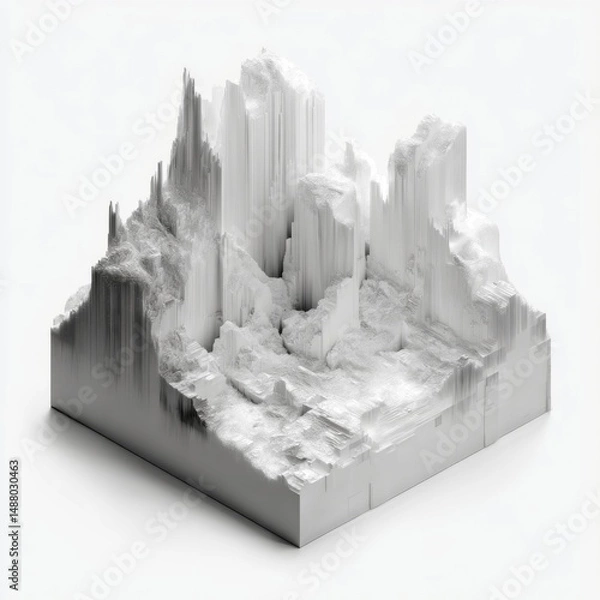 Fototapeta Abstract three-dimensional landscape with sharp peaks and smooth valleys in monochromatic shades of white and gray