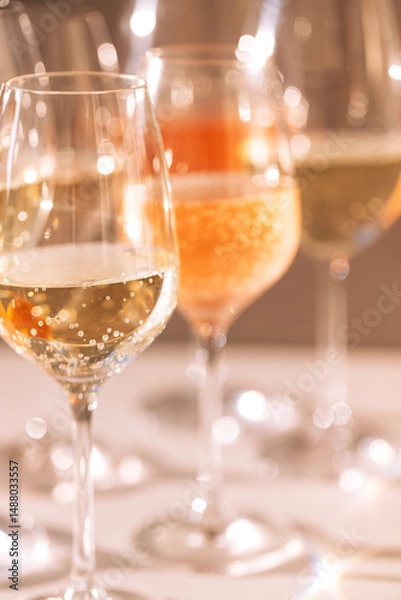 Fototapeta A close-up of glasses with alcoholic beverages. Cups with colorful sparkling wines from different grape varieties
