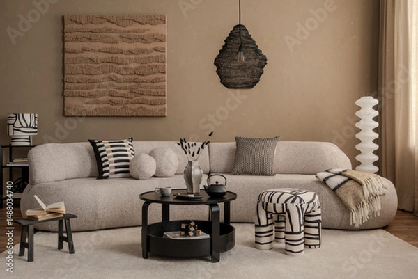 Obraz Contemporary neutral living room with a soft-textured sofa, black round coffee table, abstract wall art, and decorative pillows. Calm earthy color scheme.