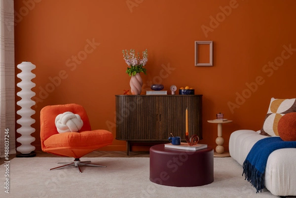 Obraz Retro-inspired living room with orange accent wall, soft white seating, sculptural decor, and pastel accessories. A playful and sophisticated interior setup.