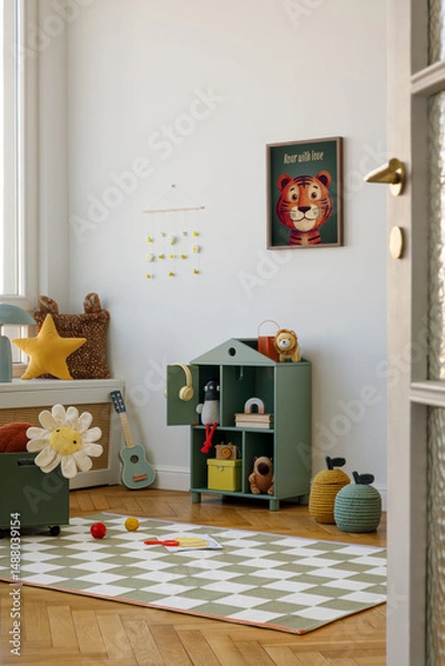 Obraz Bright and colorful playroom with wooden toys, books, and a tiger mock up poster frame above a desk. A creative and fun space for children. Home decor.